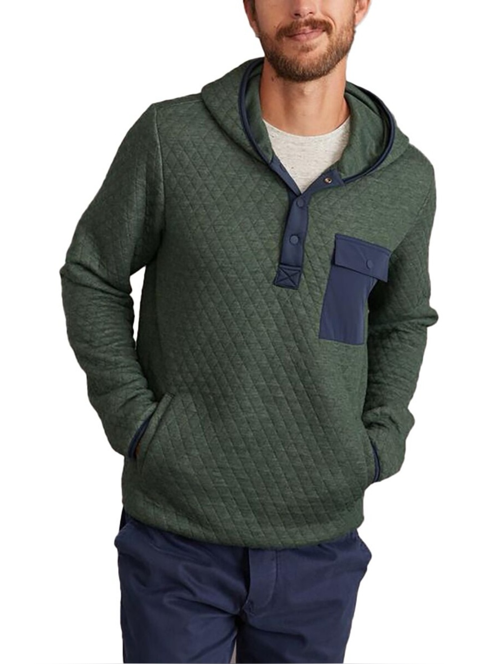 Marine Layer Men’s Corbet Blue Quilted Snap Hoodie with Teal Pocket Large
